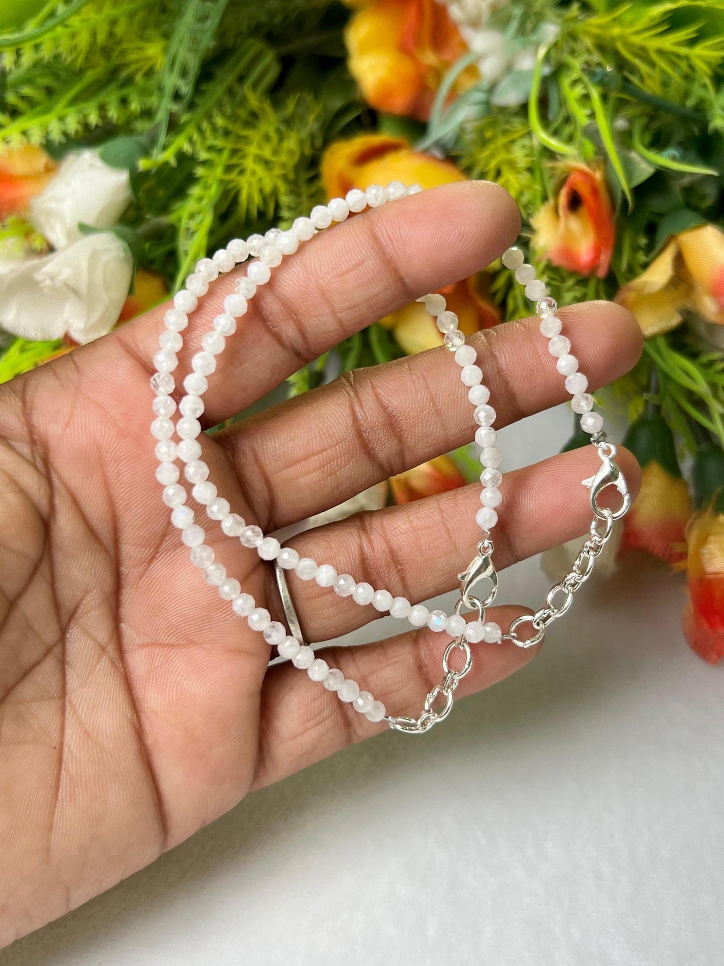2 MM Delicate Rainbow Moonstone Cutting Stone Minimalist Bracelet Dainty Bracelet Fit for 6 Inch to 7.5 Inch Wrist