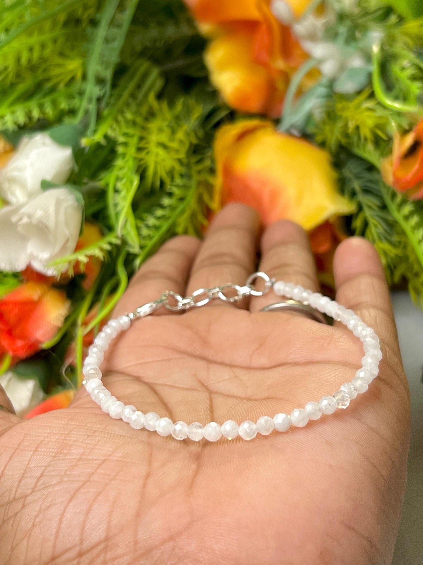 2 MM Delicate Rainbow Moonstone Cutting Stone Minimalist Bracelet Dainty Bracelet Fit for 6 Inch to 7.5 Inch Wrist