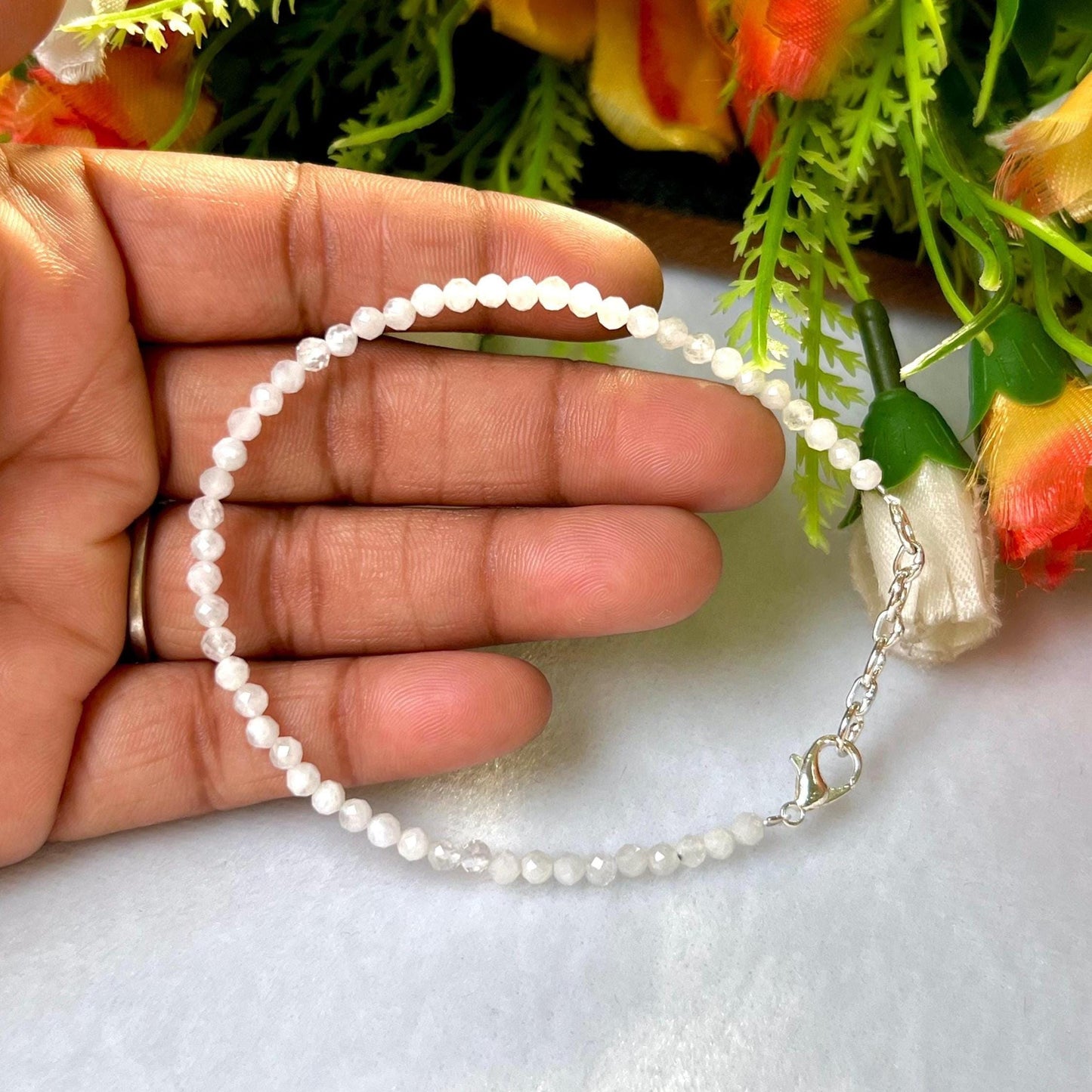 2 MM Delicate Rainbow Moonstone Cutting Stone Minimalist Bracelet Dainty Bracelet Fit for 6 Inch to 7.5 Inch Wrist