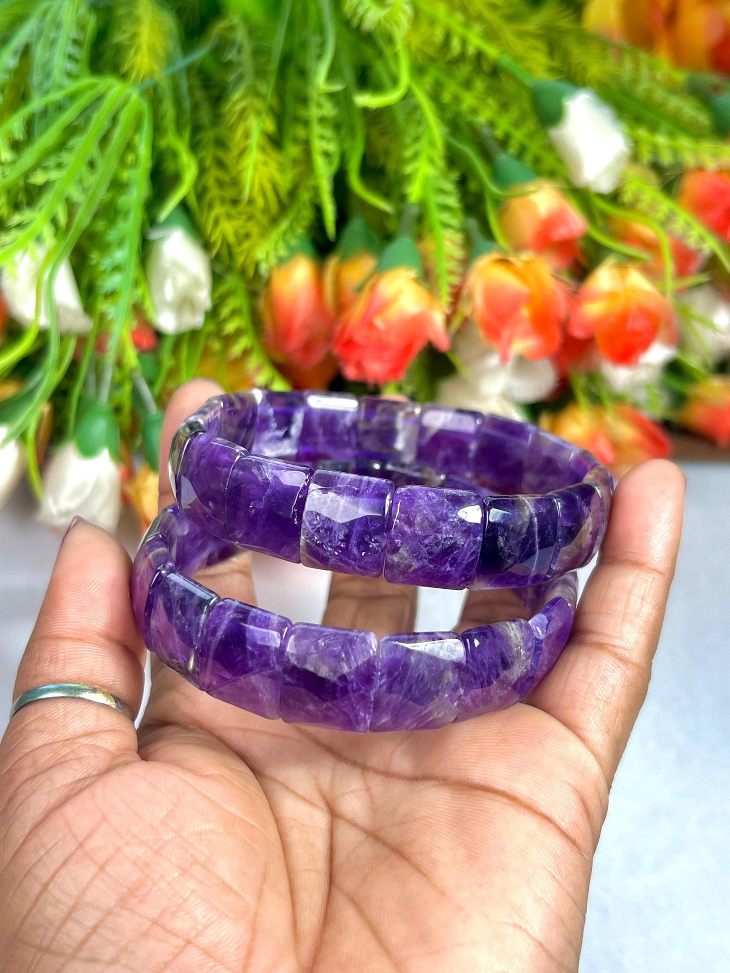 15 MM Amethyst Stone Bracelet l Stretchable Bracelet High Grade