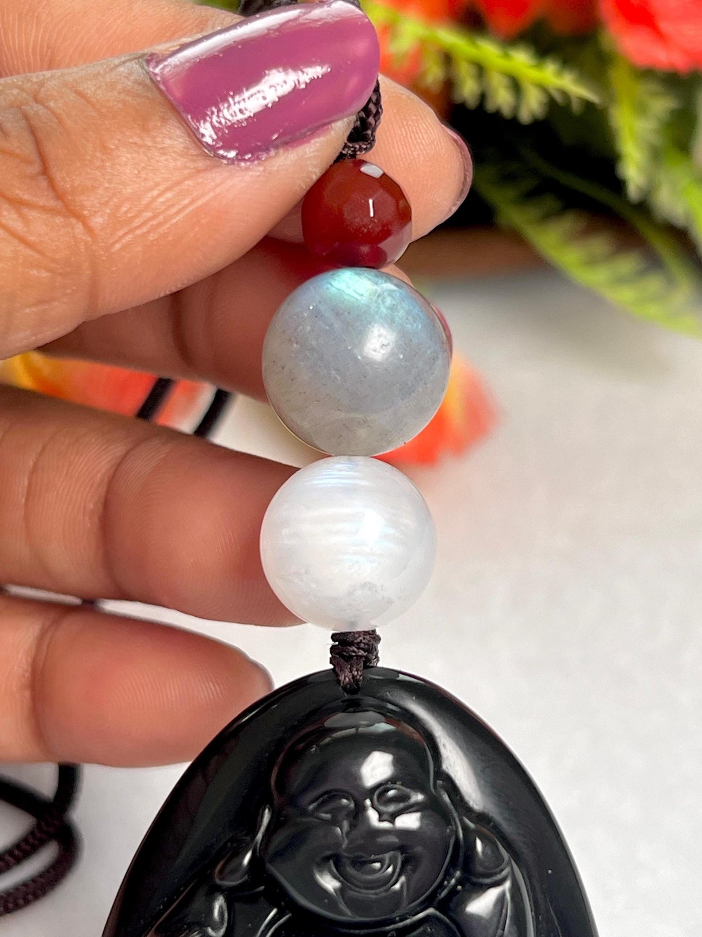 Happiness Stone Pendant Obsidian Laughing Buddha With Labradorite , White Rainbow Moonstone and Carnelian Pendant Necklace