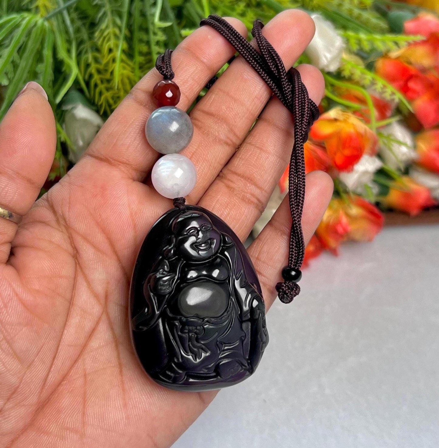 Happiness Stone Pendant Obsidian Laughing Buddha With Labradorite , White Rainbow Moonstone and Carnelian Pendant Necklace