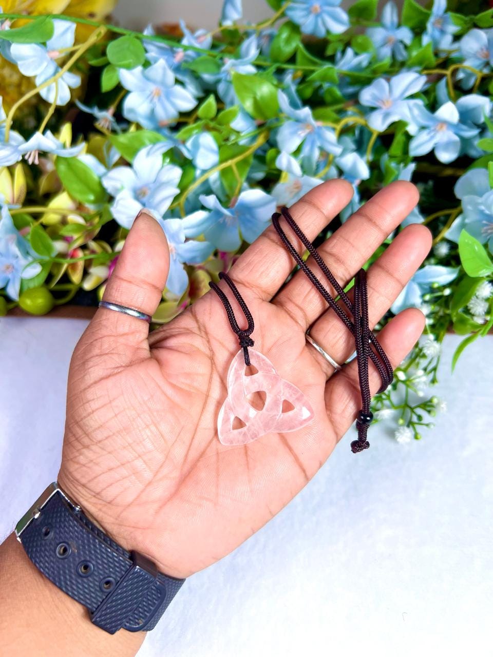 Celtic Trinity Knot Rose Quartz Stone Triquetra Knot Rose Quartz Stone With Long Cord