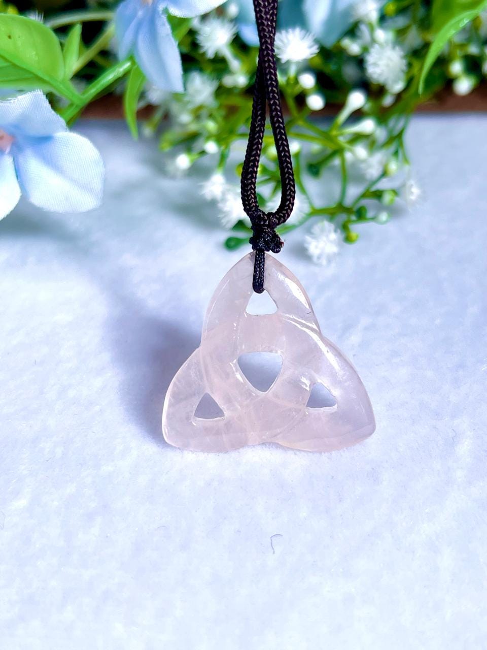 Celtic Trinity Knot Rose Quartz Stone Triquetra Knot Rose Quartz Stone With Long Cord