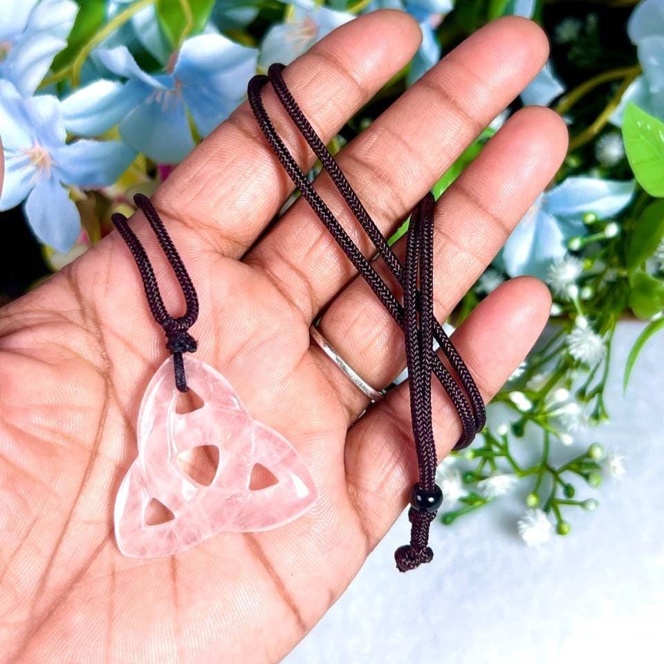 Celtic Trinity Knot Rose Quartz Stone Triquetra Knot Rose Quartz Stone With Long Cord