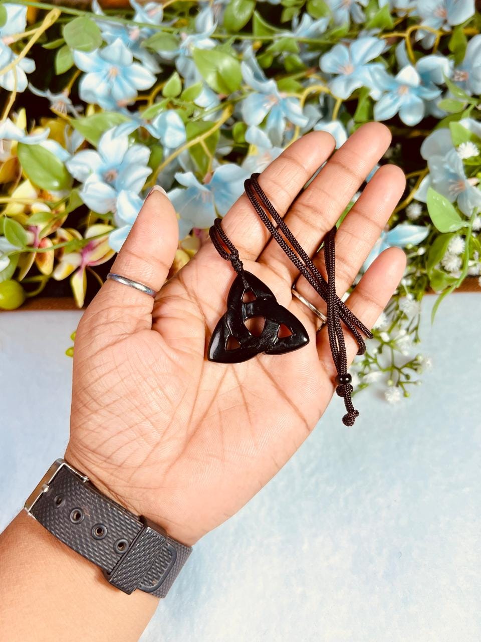 Celtic Trinity Knot Black Obsidian Stone Triquetra Knot Black Obsidian Stone With Long Cord