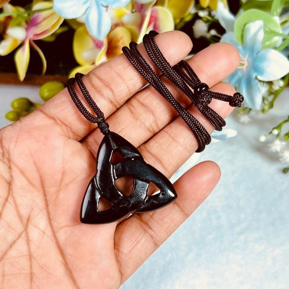 Celtic Trinity Knot Black Obsidian Stone Triquetra Knot Black Obsidian Stone With Long Cord