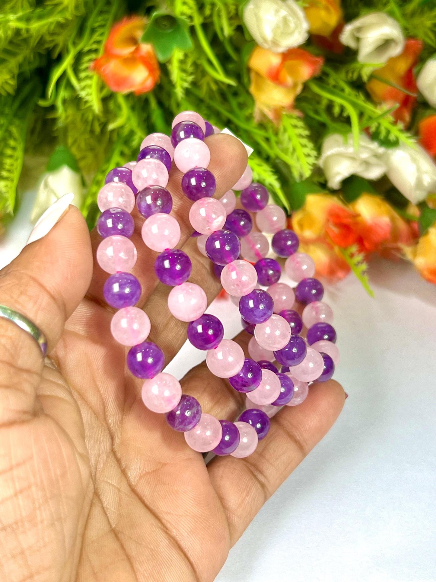 Rose Quartz and Amethyst Stone Bracelet l Stretchable Bracelet l Unisex Bracelet l 8 MM Bracelet