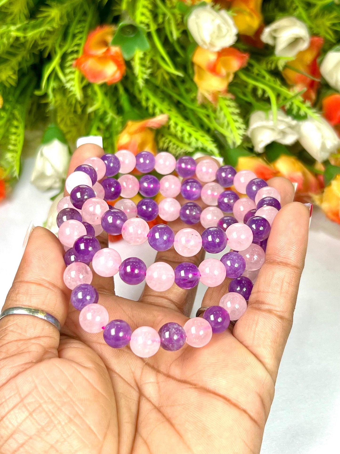Rose Quartz and Amethyst Stone Bracelet l Stretchable Bracelet l Unisex Bracelet l 8 MM Bracelet