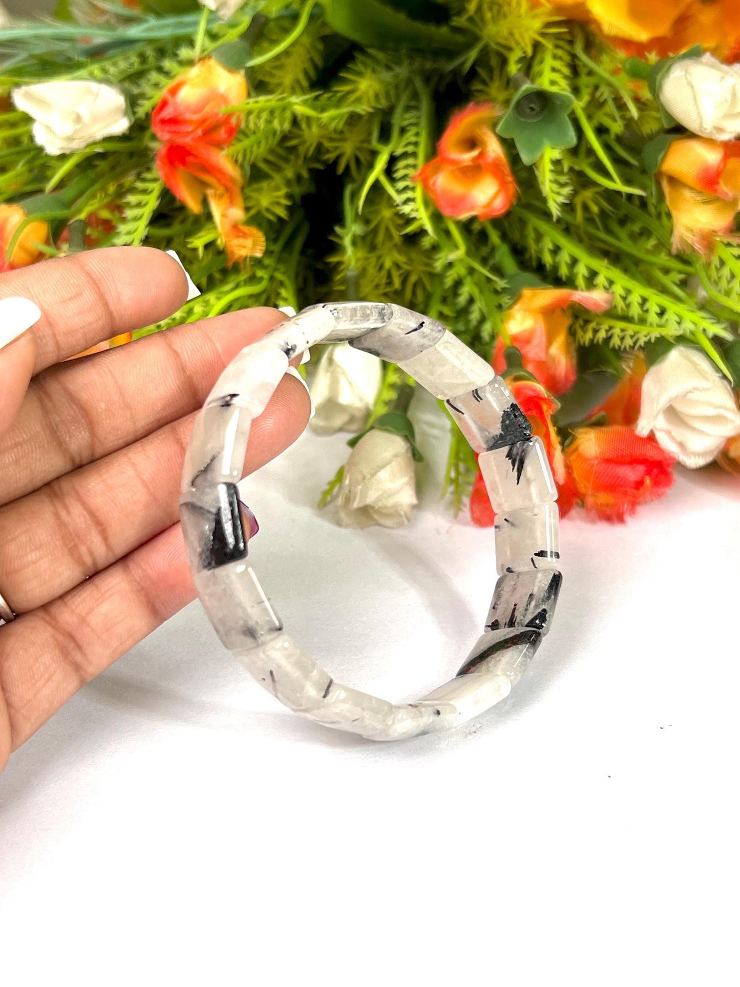 15 MM Tourmalated Quartz Stone Bracelet l Stretchable Bracelet