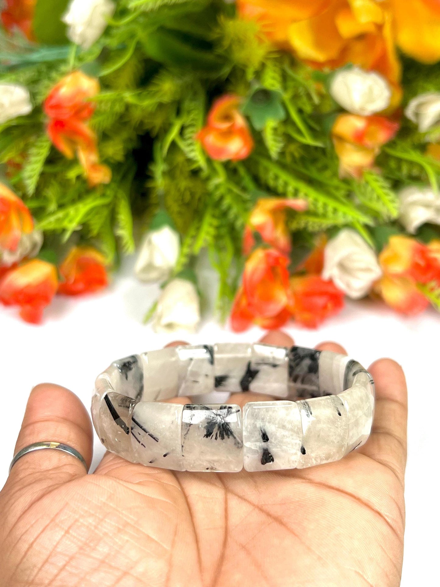 15 MM Tourmalated Quartz Stone Bracelet l Stretchable Bracelet