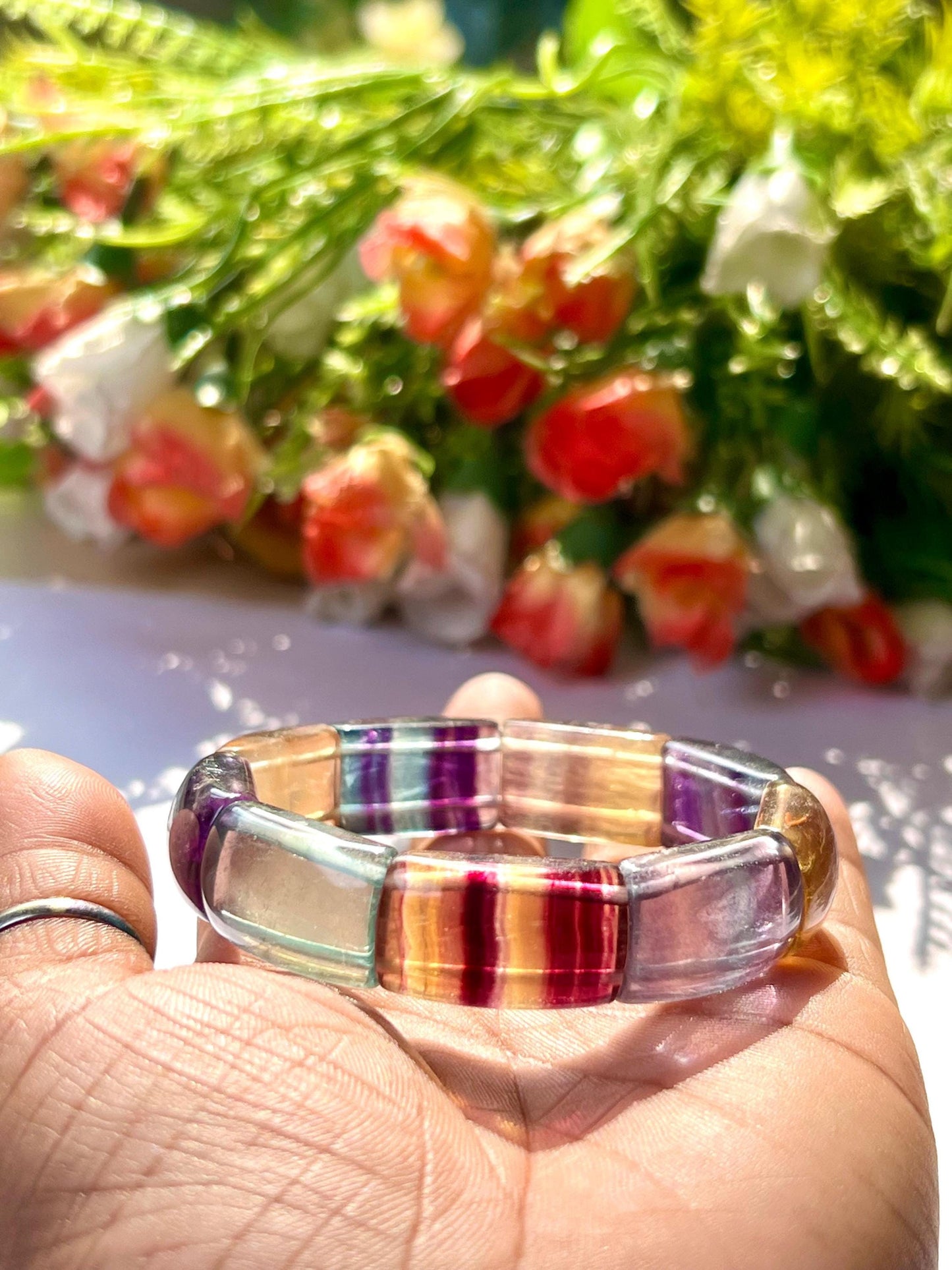 15 MM Rainbow Multi Fluorite Stone Bracelet l Stretchable Bracelet