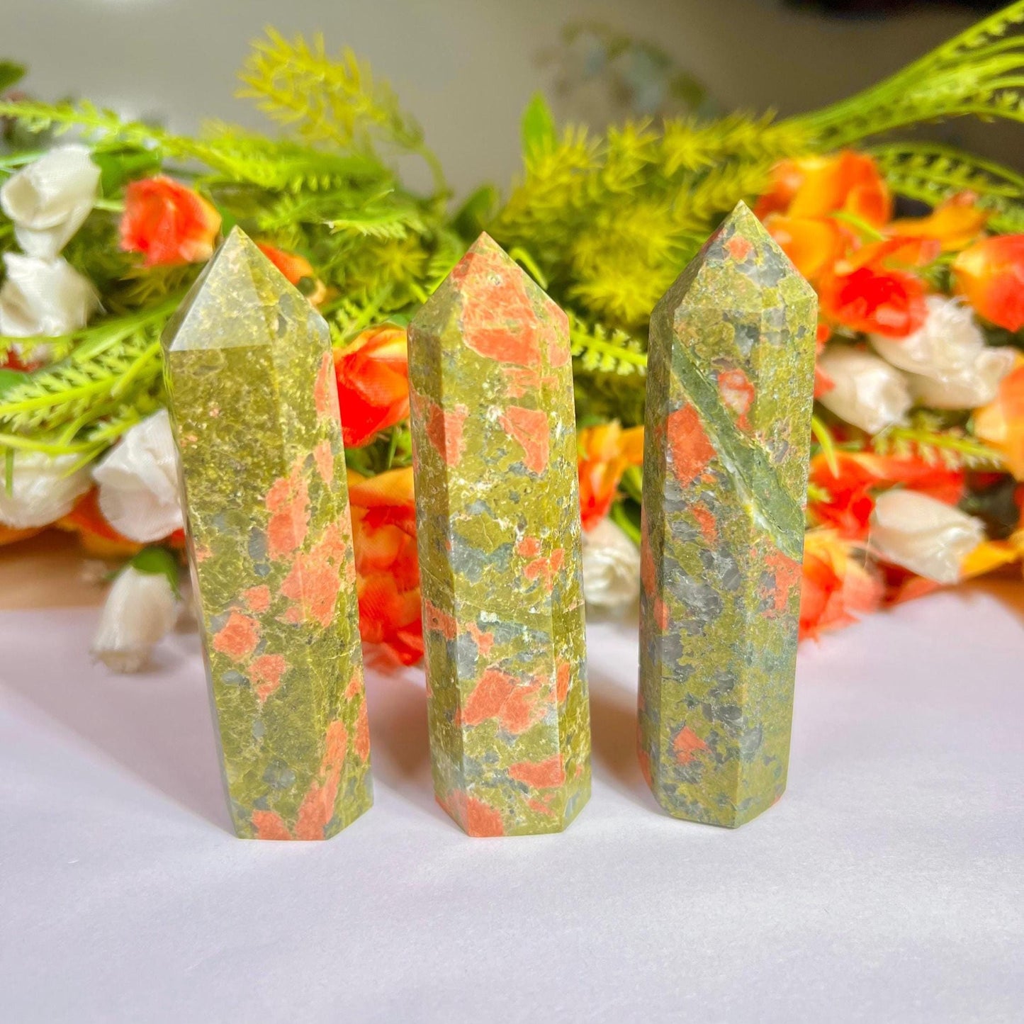 Unakite Stone Crystal Tower Pencil Point Generator - Gemstone Pencil Crystal Tower Wand Stone Obelisk - Home Car Decor Decoration 3" To 4"