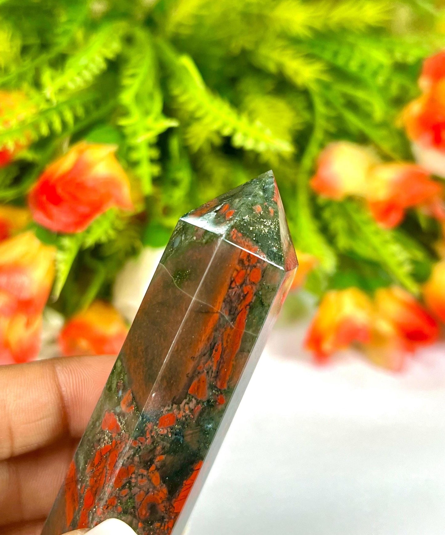 African Bloodstone Crystal Tower Pencil Point Generator-Gemstone Pencil Crystal Tower Wand Stone Obelisk -Home Car Decor Decoration 3" To 4"