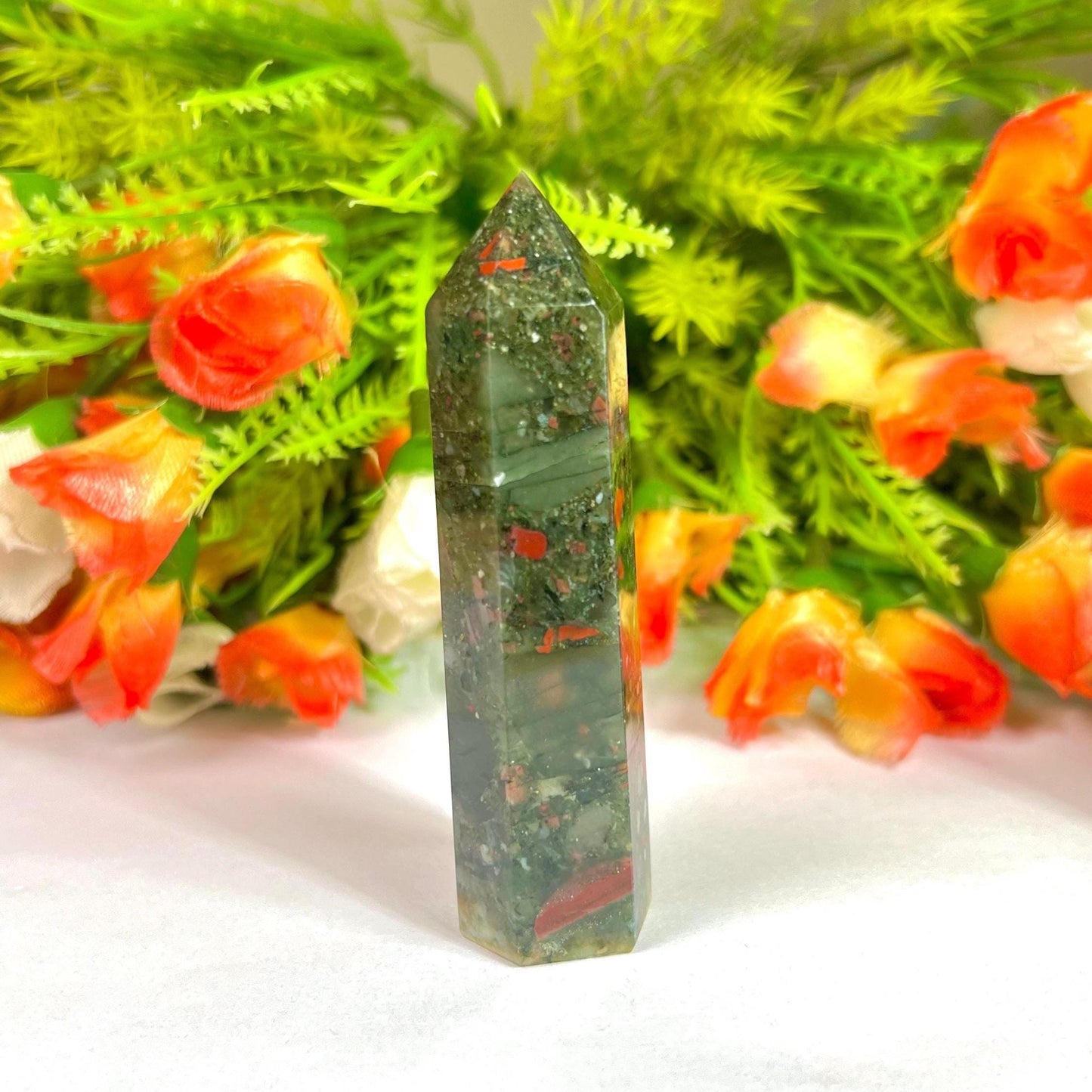 African Bloodstone Crystal Tower Pencil Point Generator-Gemstone Pencil Crystal Tower Wand Stone Obelisk -Home Car Decor Decoration 3" To 4"