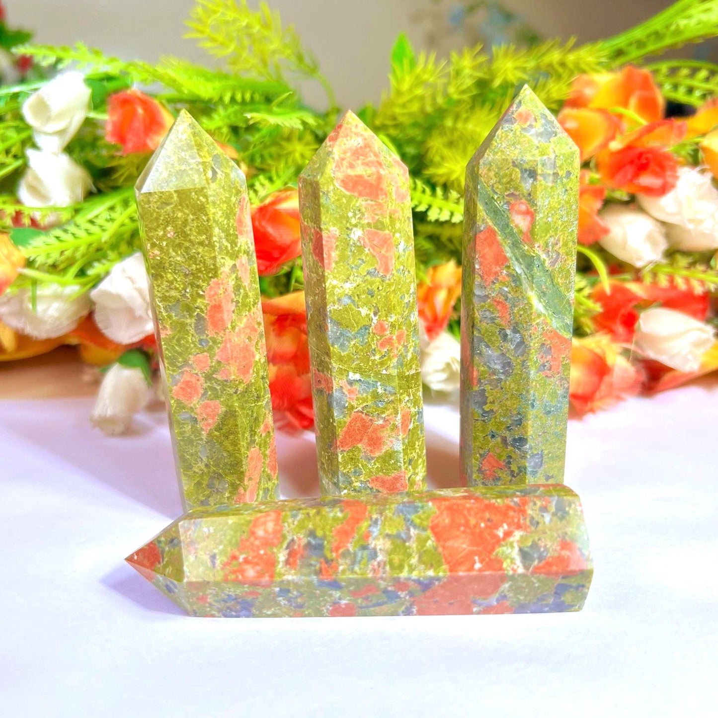Unakite Stone Crystal Tower Pencil Point Generator - Gemstone Pencil Crystal Tower Wand Stone Obelisk - Home Car Decor Decoration 3" To 4"