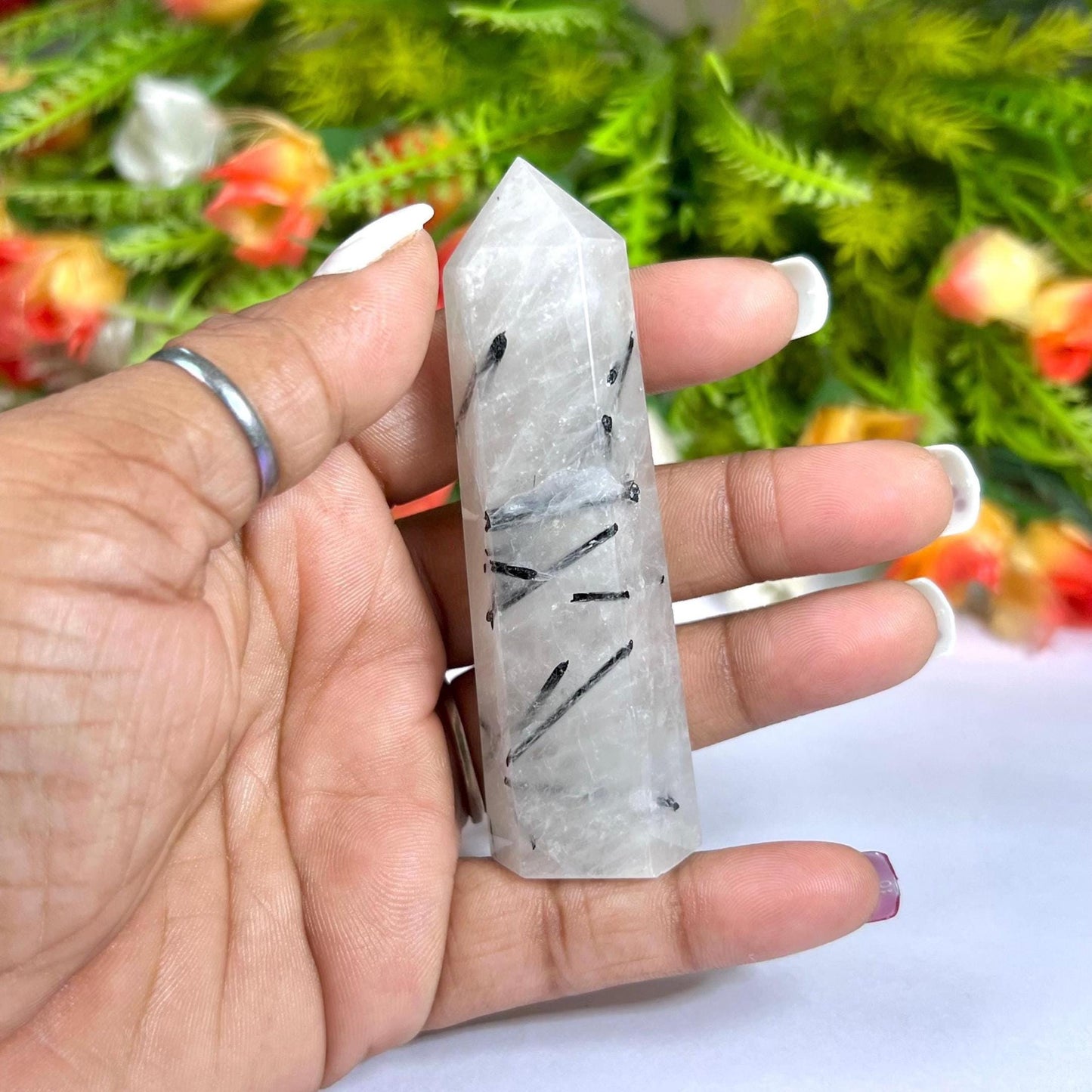 Tourmalated Quartz Stone Tower Pencil Point Generator-Gemstone Pencil Crystal Tower Wand Stone Obelisk -Home Car Decor Decoration 3" To 4"