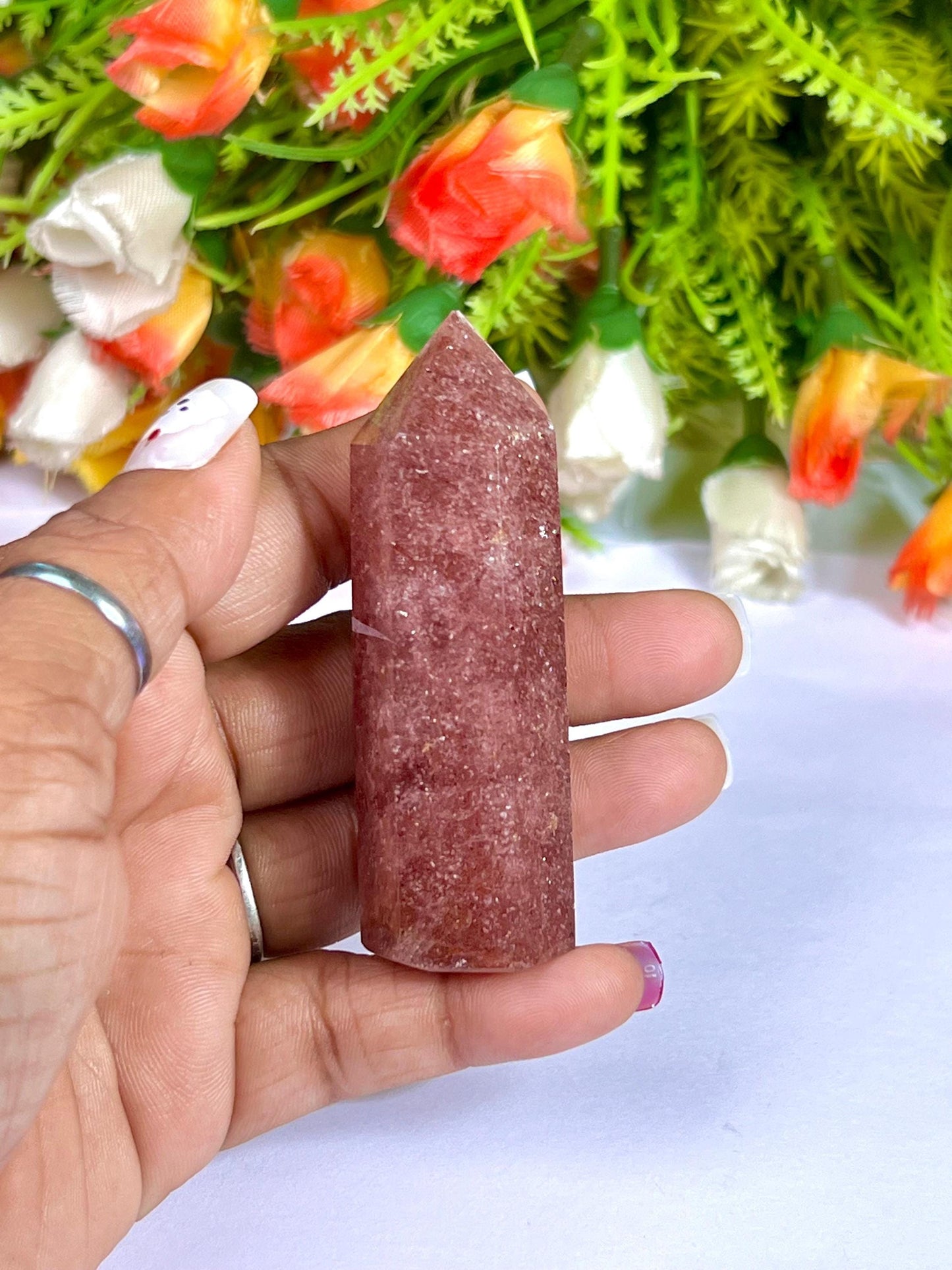 Strawberry Quartz Stone Tower Pencil Point Generator-Gemstone Pencil Crystal Tower Wand Stone Obelisk -Home Car Decor Decoration 3" To 4"