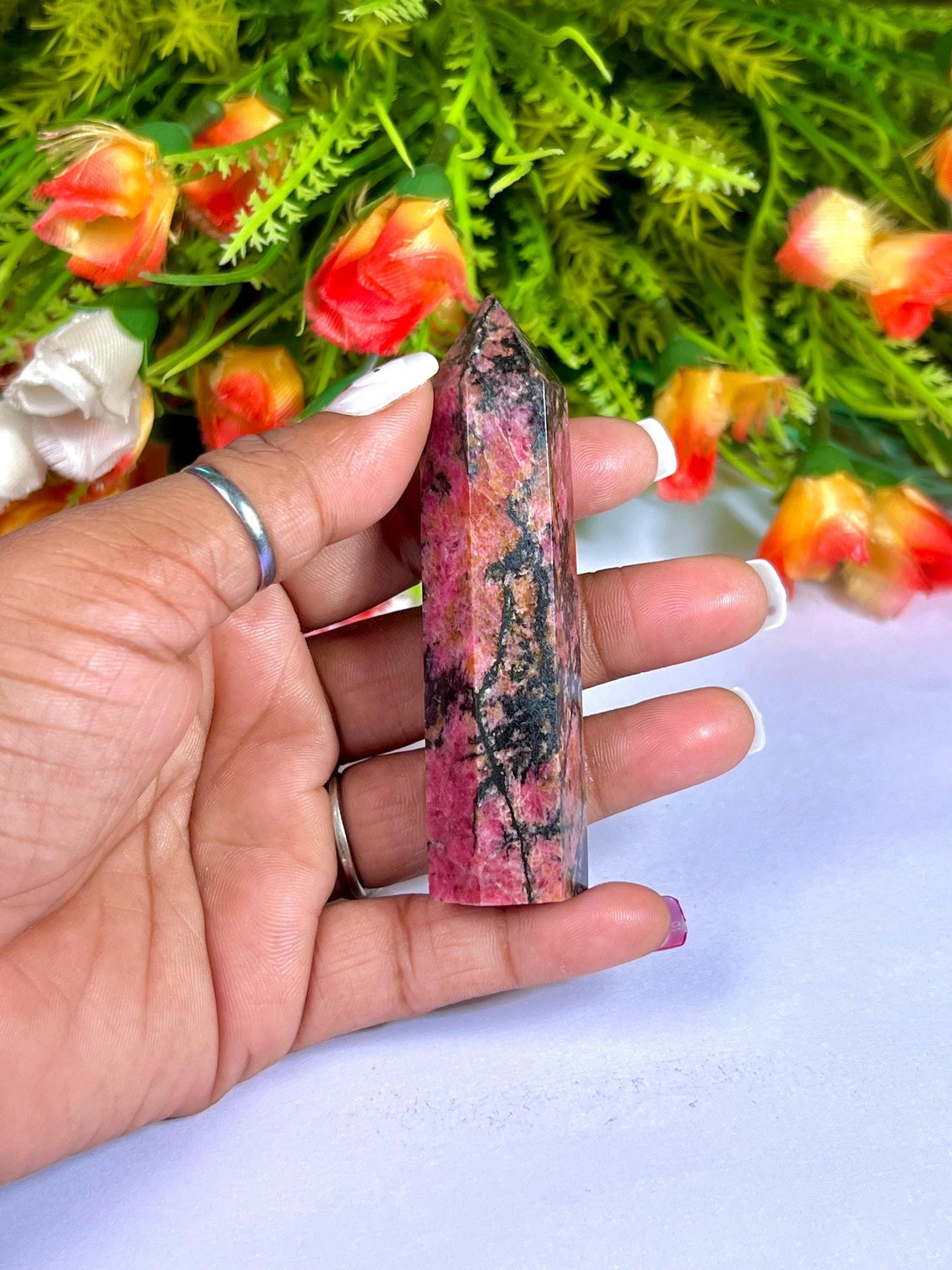 Rhodonite Stone Tower Pencil Point Generator-Gemstone Pencil Crystal Tower Wand Stone Obelisk -Home Car Decor Decoration 3" To 4"