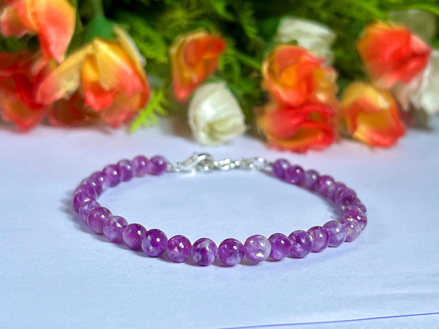 5.8 MM Red Purple Star Lepidolite Stone Bracelet l Stretchable Bracelet l Unisex Bracelet