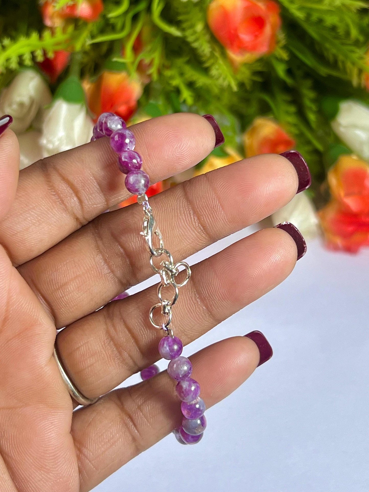 5.8 MM Red Purple Star Lepidolite Stone Bracelet l Stretchable Bracelet l Unisex Bracelet