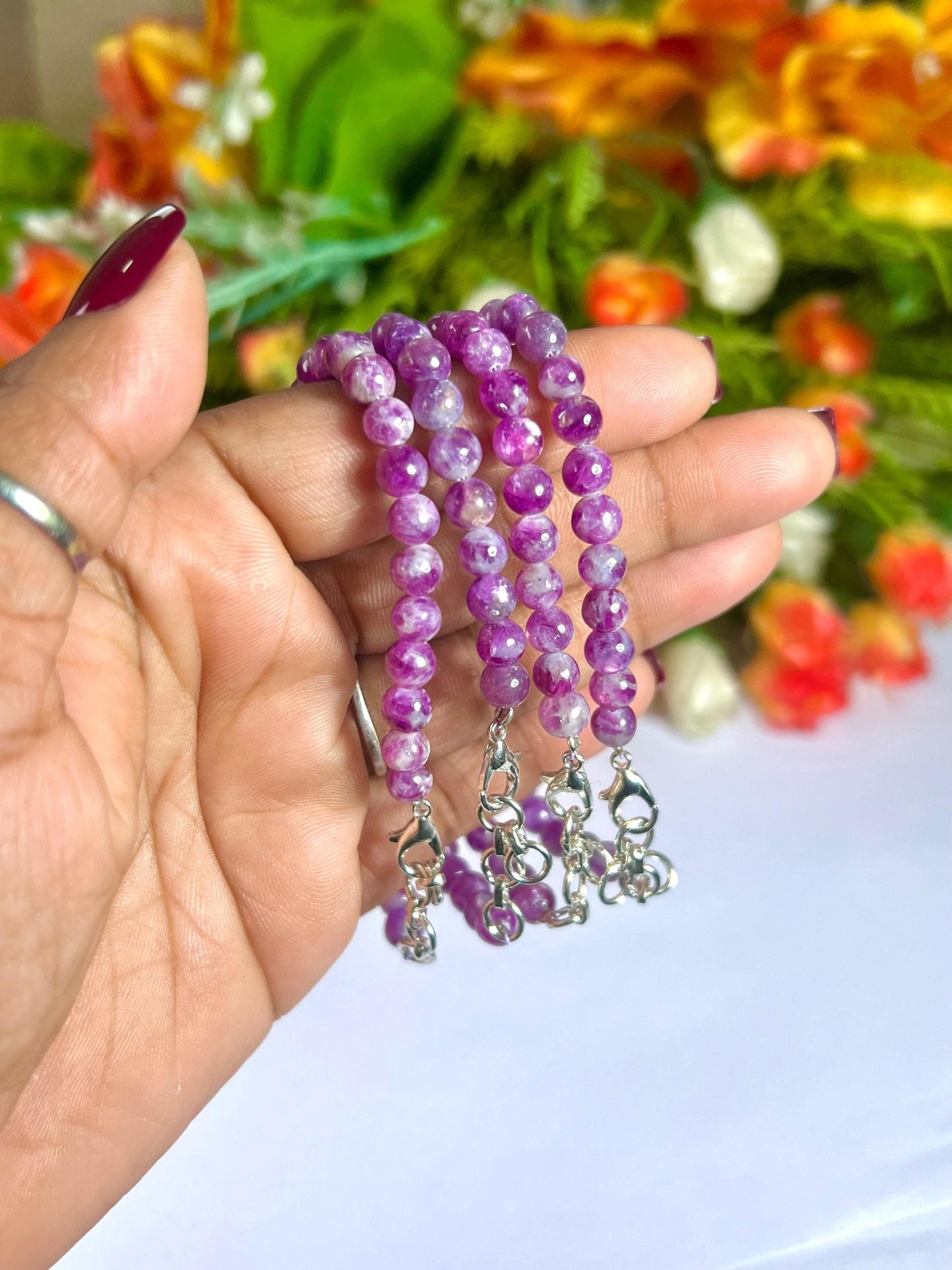 5.8 MM Red Purple Star Lepidolite Stone Bracelet l Stretchable Bracelet l Unisex Bracelet