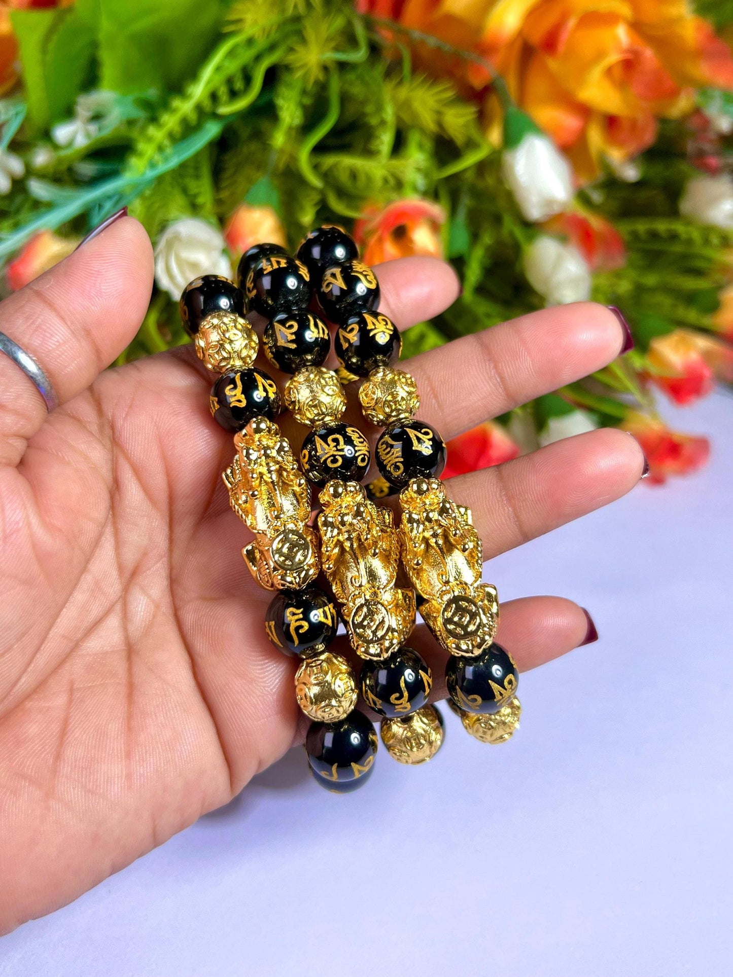 Feng Shui Pixiu Bead with Black Obsidian Om Mani Padme Hum Stone Bracelet 8mm Wealth Bracelet, Protection Healing Bracelet Gift for Unisex