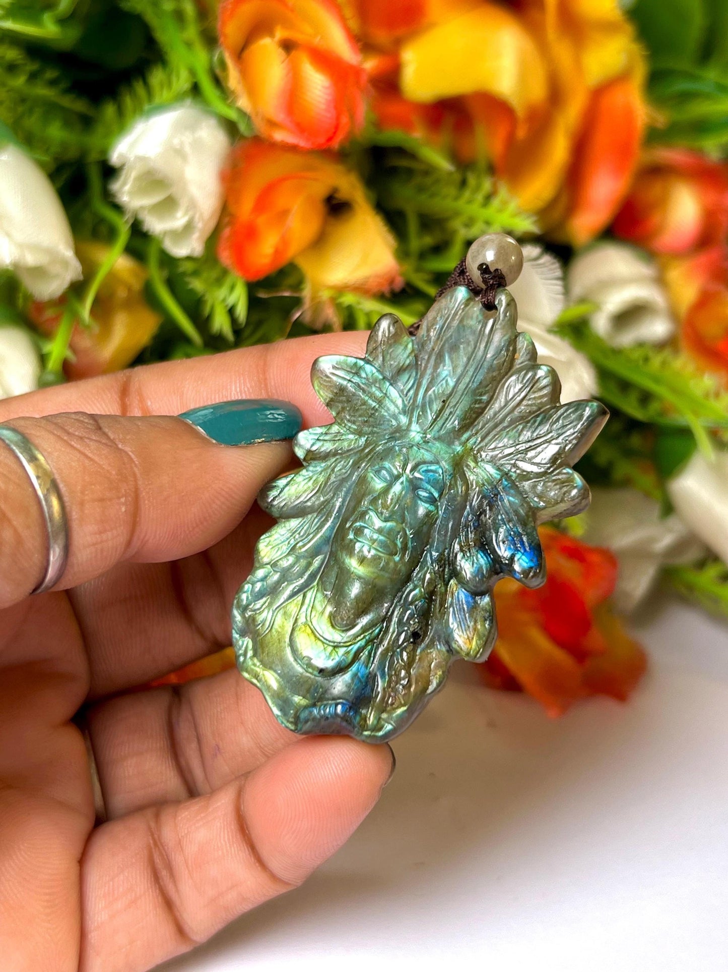 2.1" Ancient Spirit of the Aurora Labradorite Stone Carving Pendant Necklace With Long Cord Home Decoration, Reiki healing Gift for All