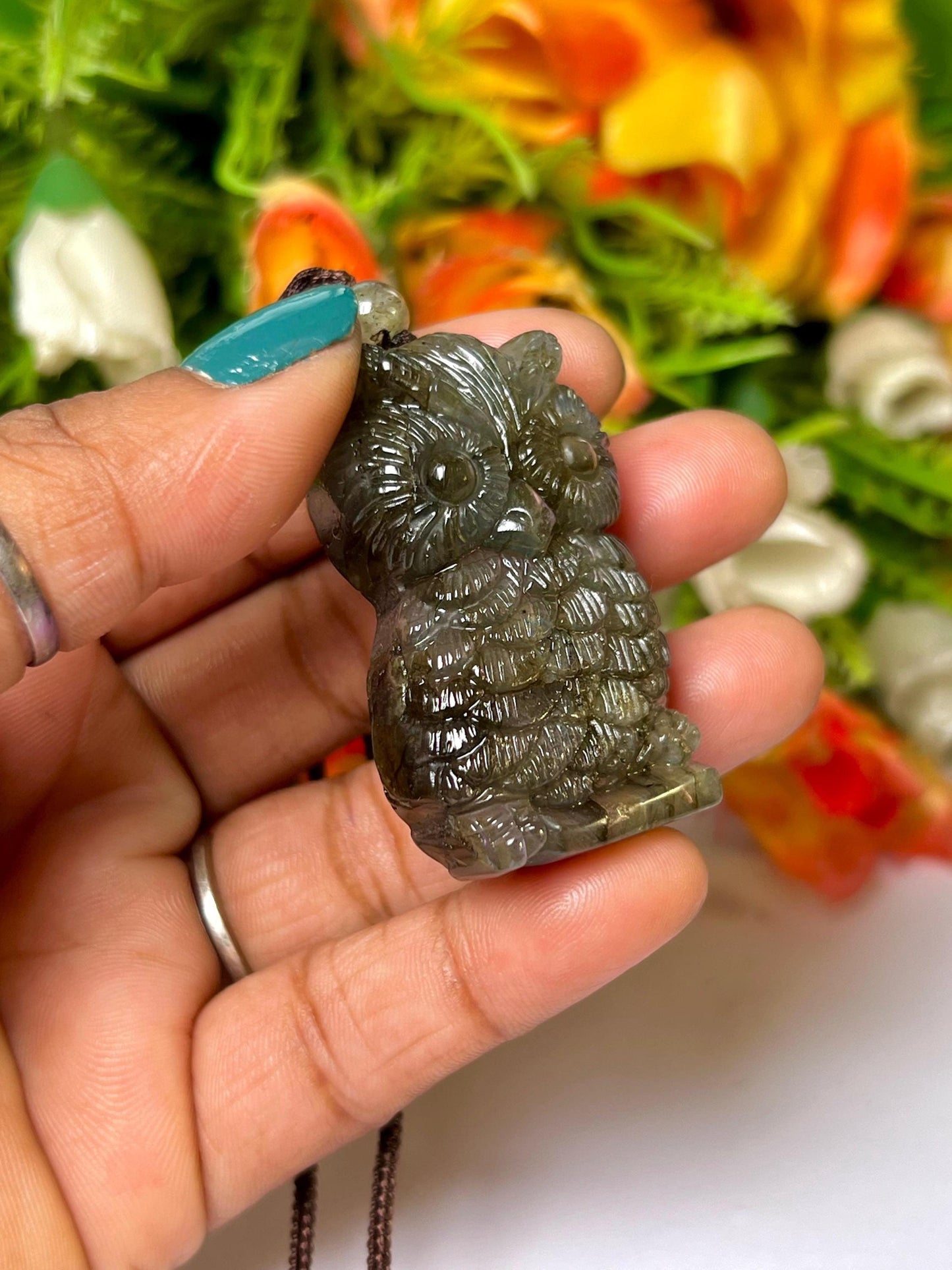 2.1" Labradorite Stone Owl Carving Pendant Necklace With Long Cord Home Decoration, Reiki healing Gift for All