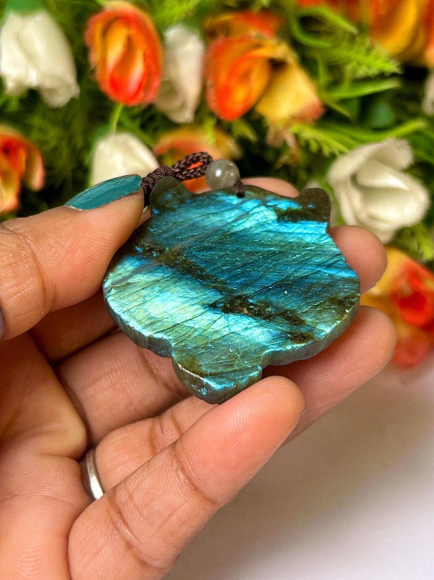 2.1" Labradorite Stone Tiger Face Carving Pendant Necklace With Long Cord Home Decoration, Reiki healing Gift for All