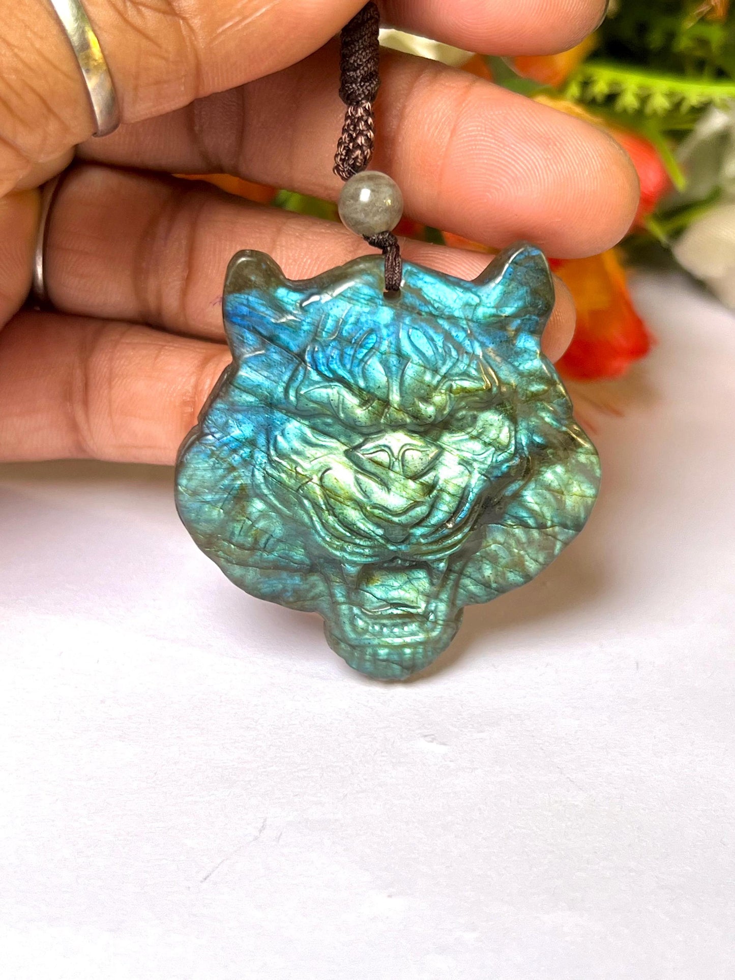 2.1" Labradorite Stone Tiger Face Carving Pendant Necklace With Long Cord Home Decoration, Reiki healing Gift for All