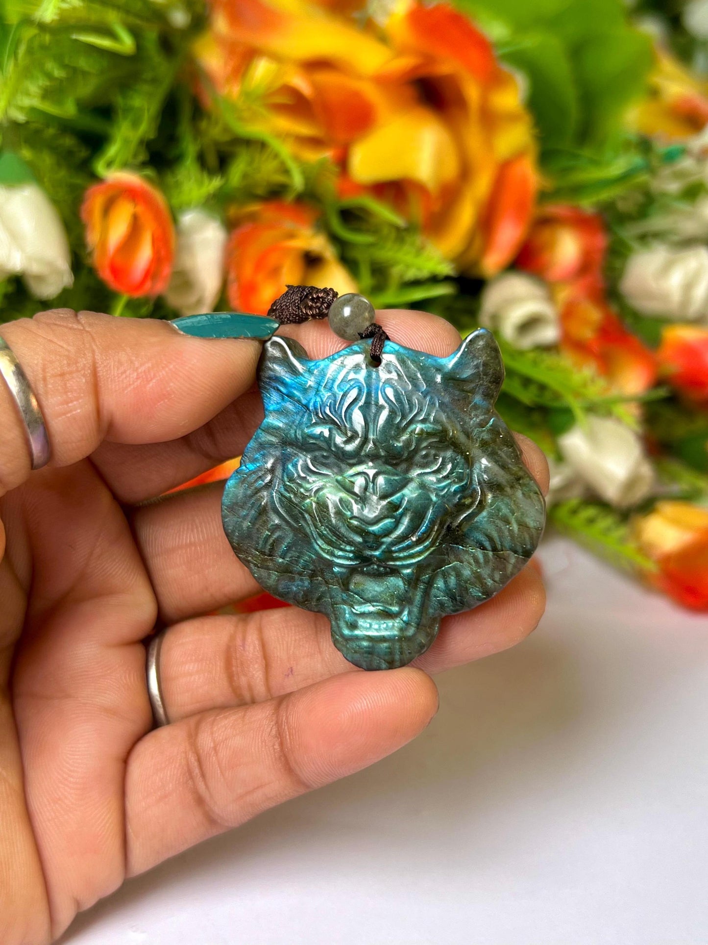 2.1" Labradorite Stone Tiger Face Carving Pendant Necklace With Long Cord Home Decoration, Reiki healing Gift for All