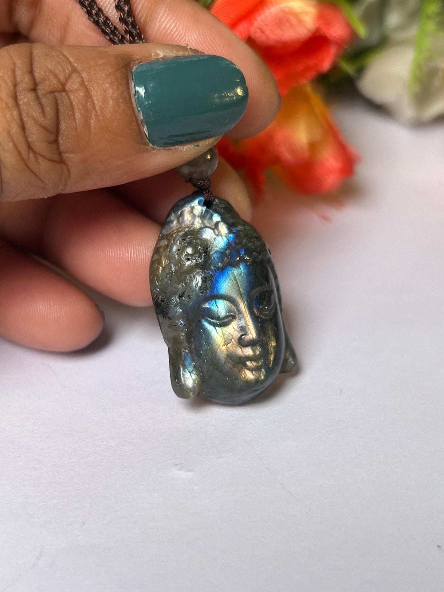 1.1" Labradorite Stone Buddha Face Carving Pendant Necklace With Long Cord Home Decoration, Reiki healing Gift for All