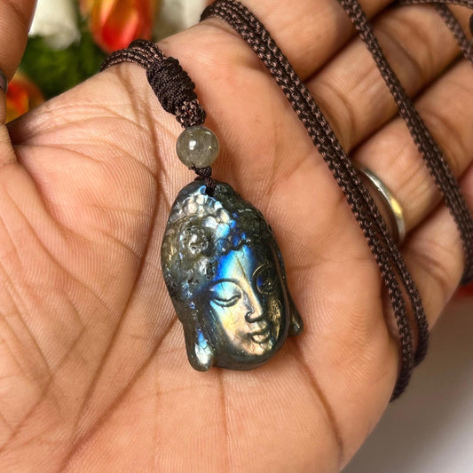 1.1" Labradorite Stone Buddha Face Carving Pendant Necklace With Long Cord Home Decoration, Reiki healing Gift for All
