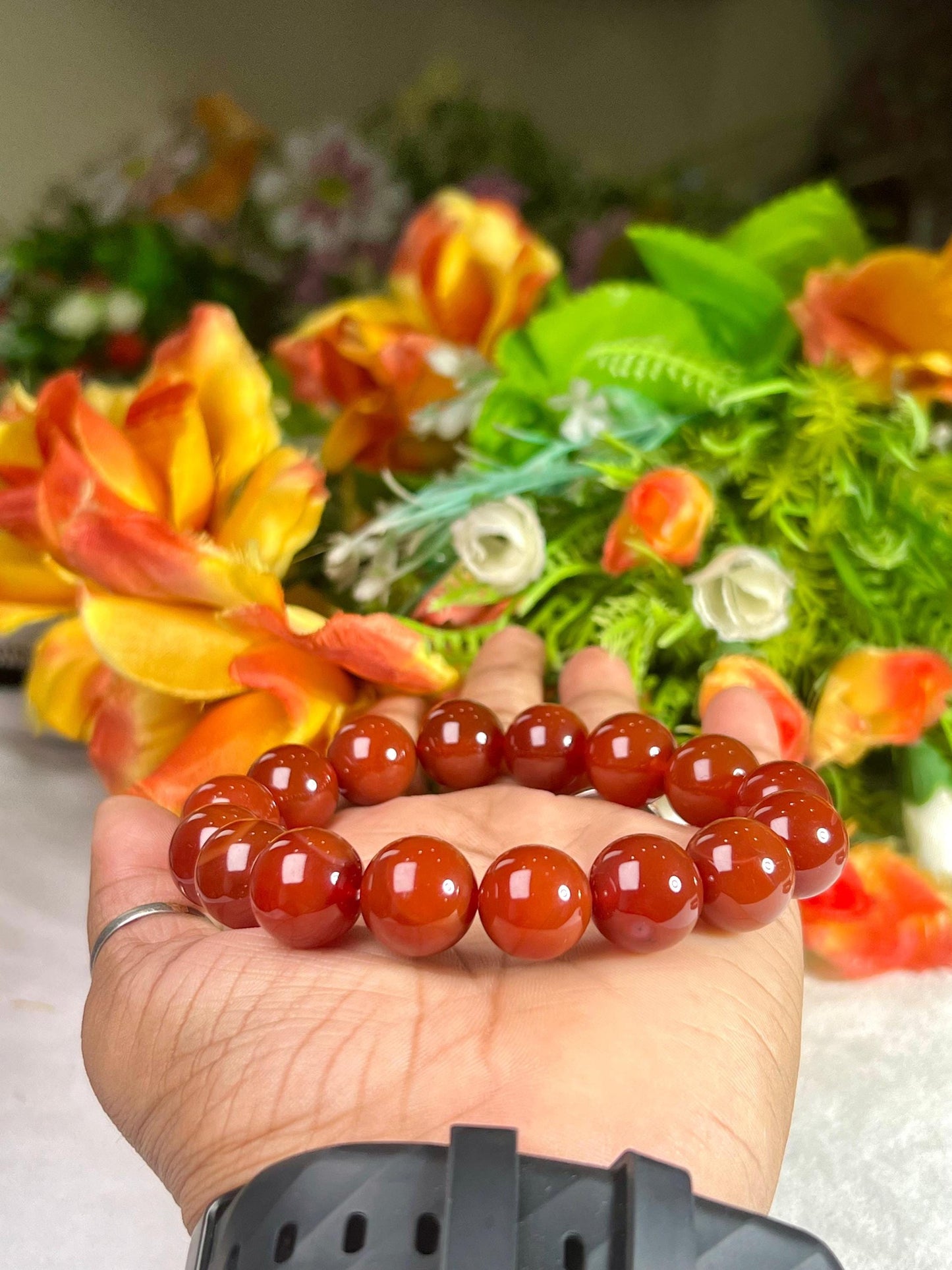 14 MM Carnelian Stone Bracelet l Stretchable Bracelet l Unisex Bracelet