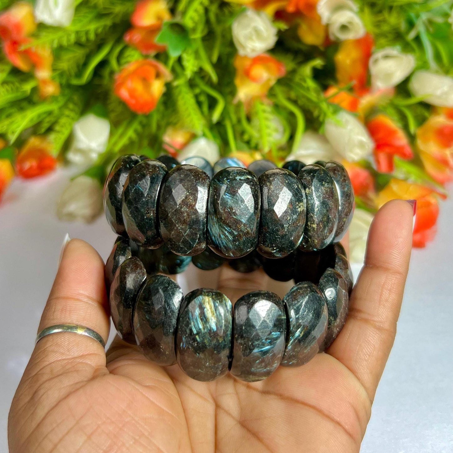 25 MM Greenland Nuummite Stone Bracelet l Stretchable Bracelet