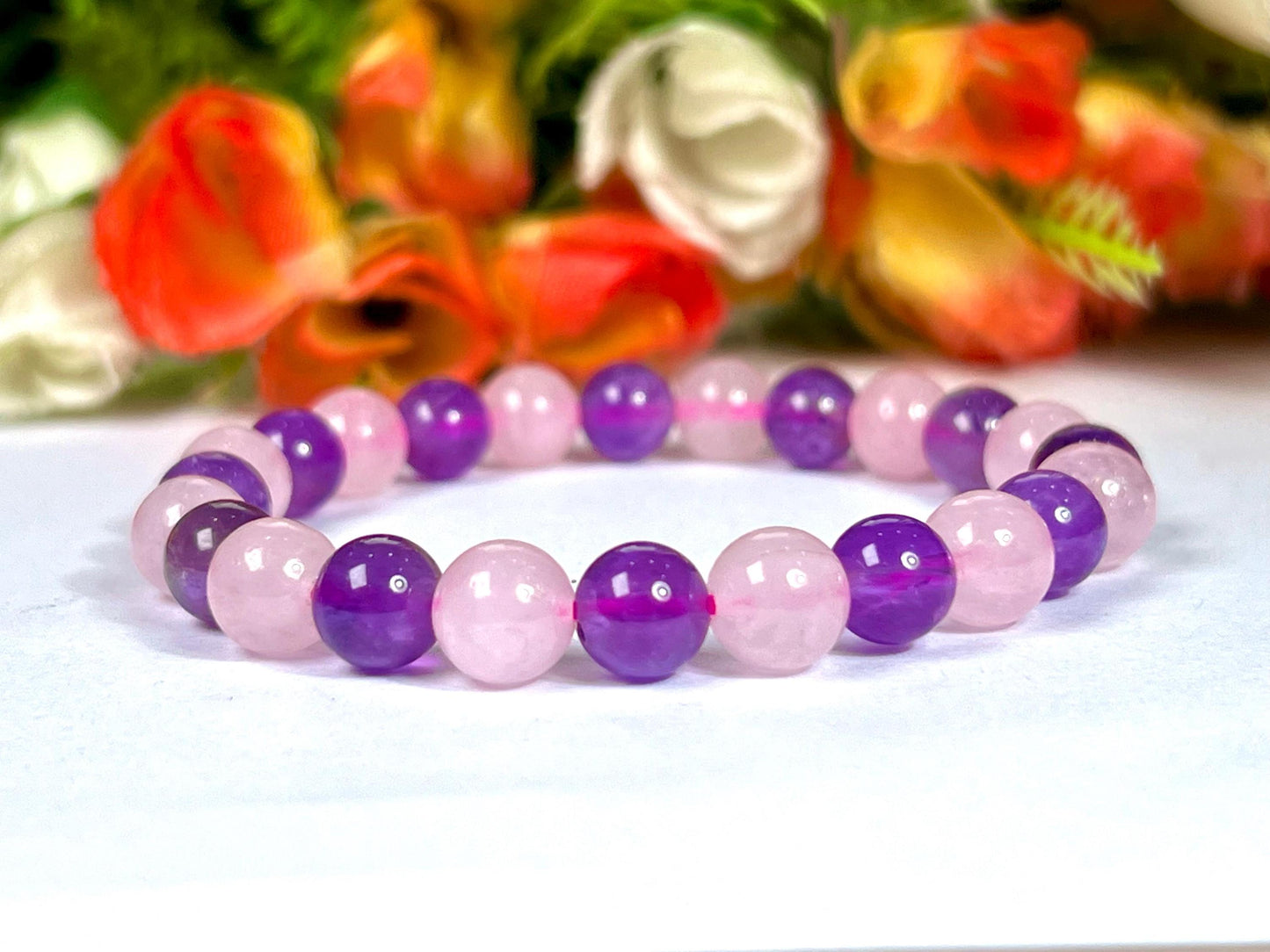 Rose Quartz and Amethyst Stone Bracelet l Stretchable Bracelet l Unisex Bracelet l 8 MM Bracelet