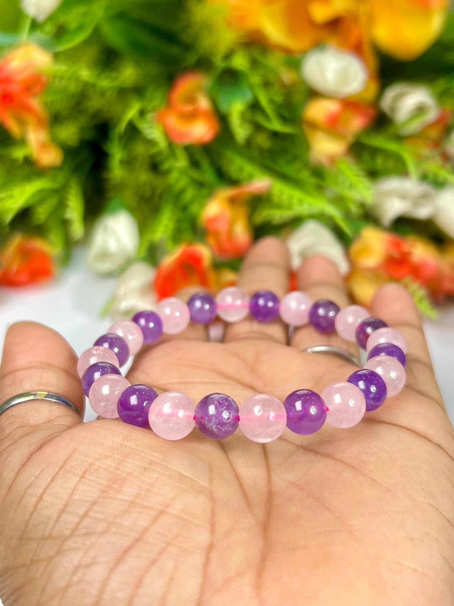 Rose Quartz and Amethyst Stone Bracelet l Stretchable Bracelet l Unisex Bracelet l 8 MM Bracelet
