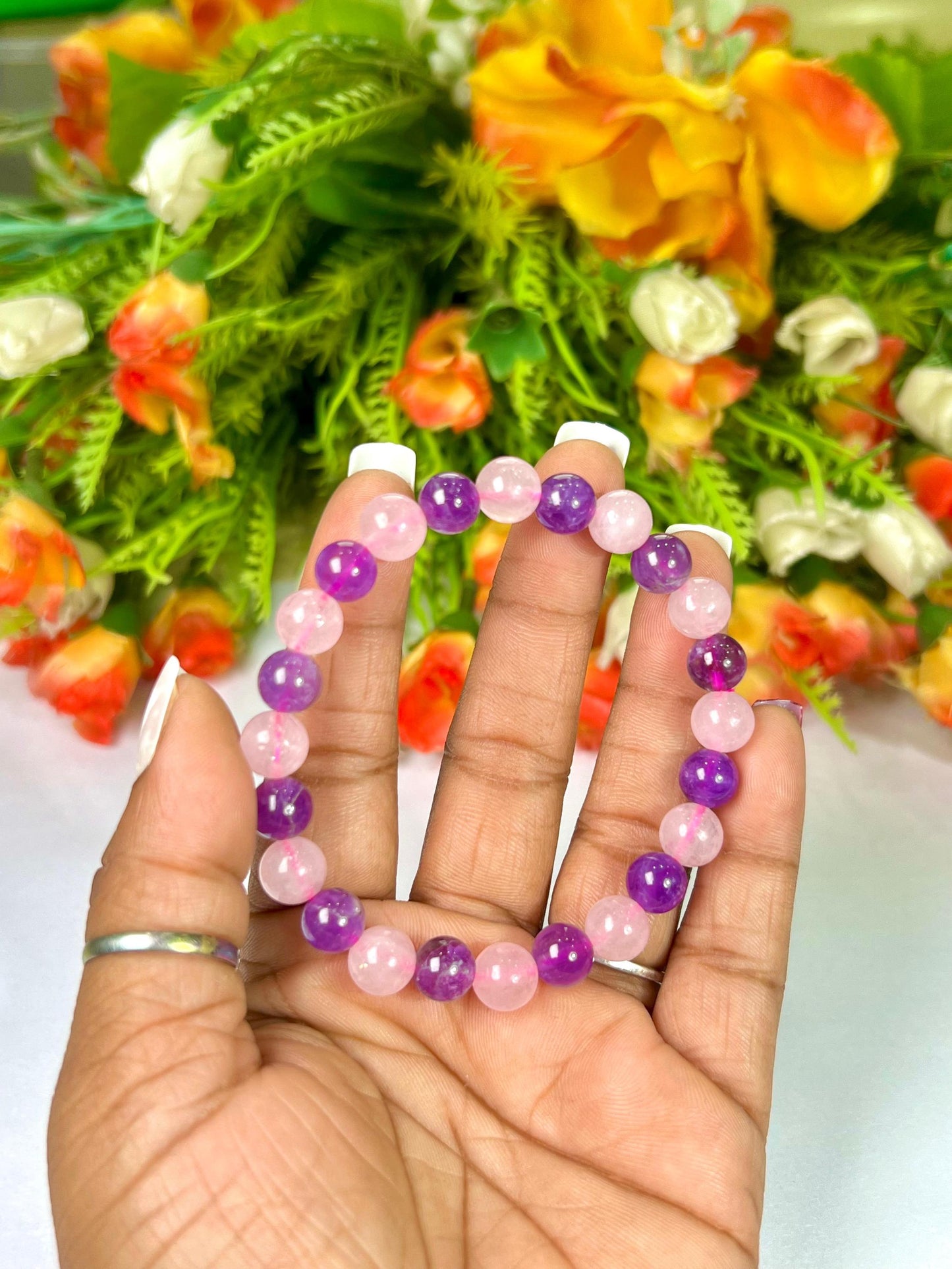 Rose Quartz and Amethyst Stone Bracelet l Stretchable Bracelet l Unisex Bracelet l 8 MM Bracelet