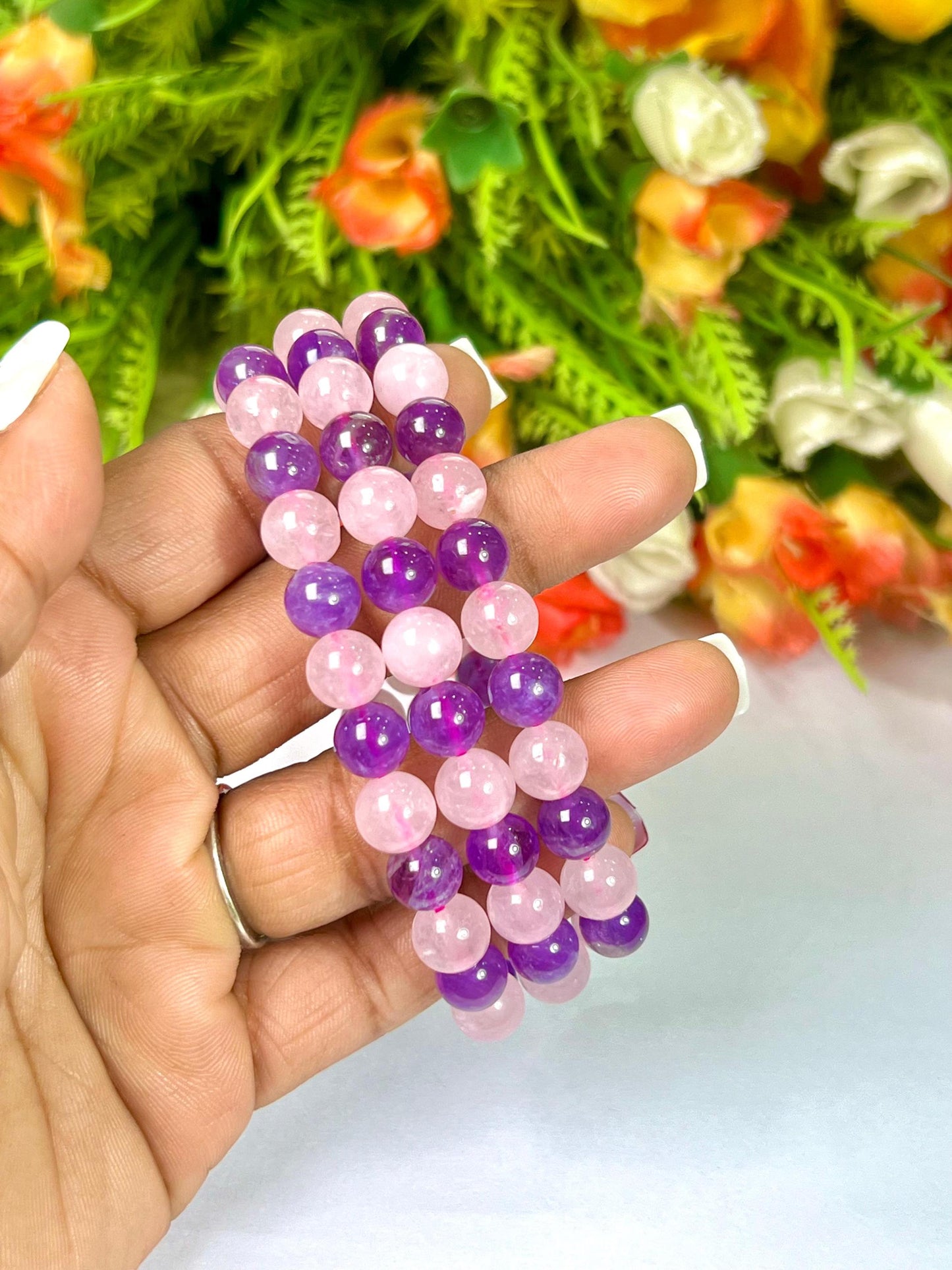 Rose Quartz and Amethyst Stone Bracelet l Stretchable Bracelet l Unisex Bracelet l 8 MM Bracelet