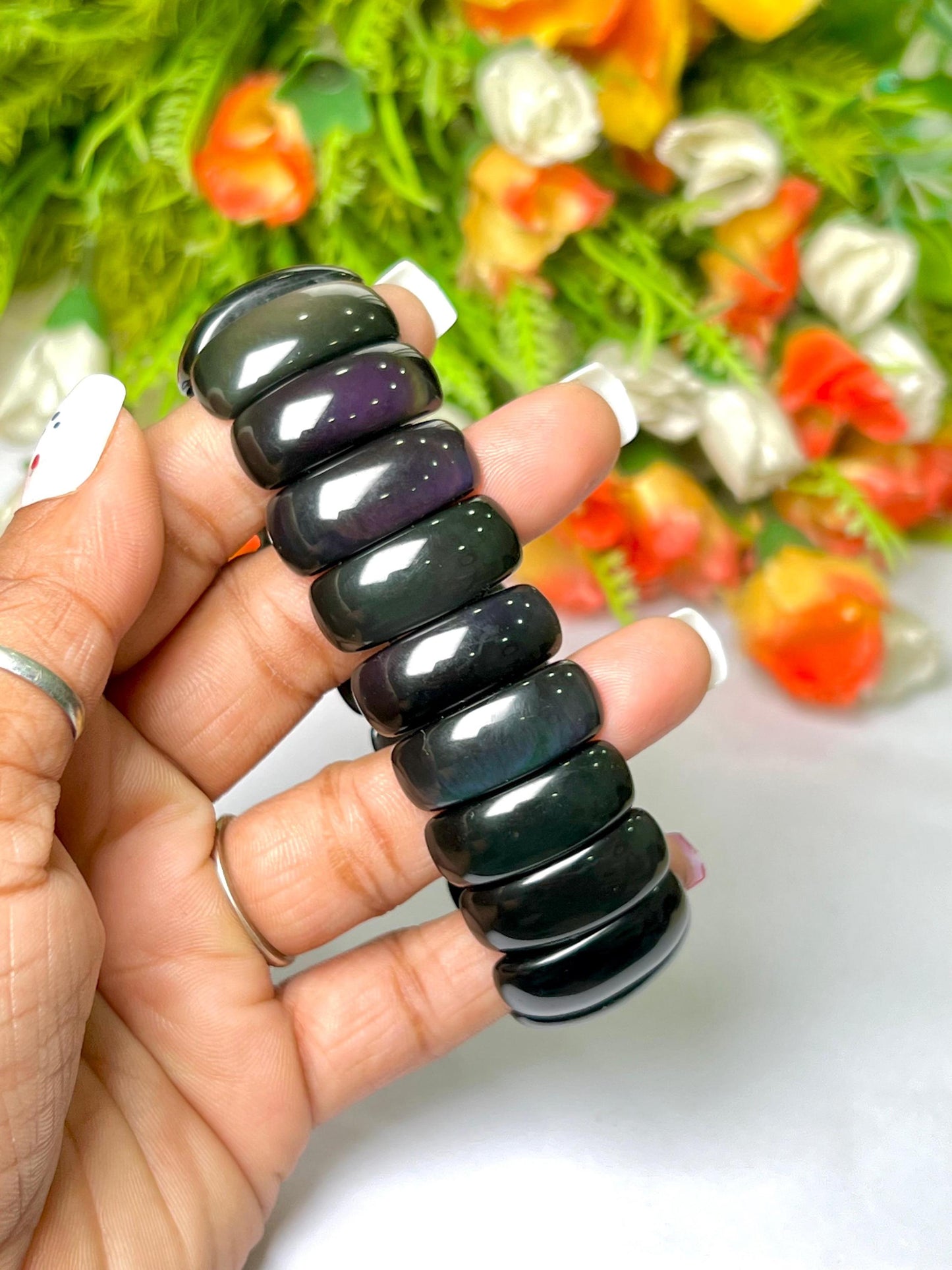 25 MM Rainbow Obsidian Stone Bracelet l Stretchable Bracelet