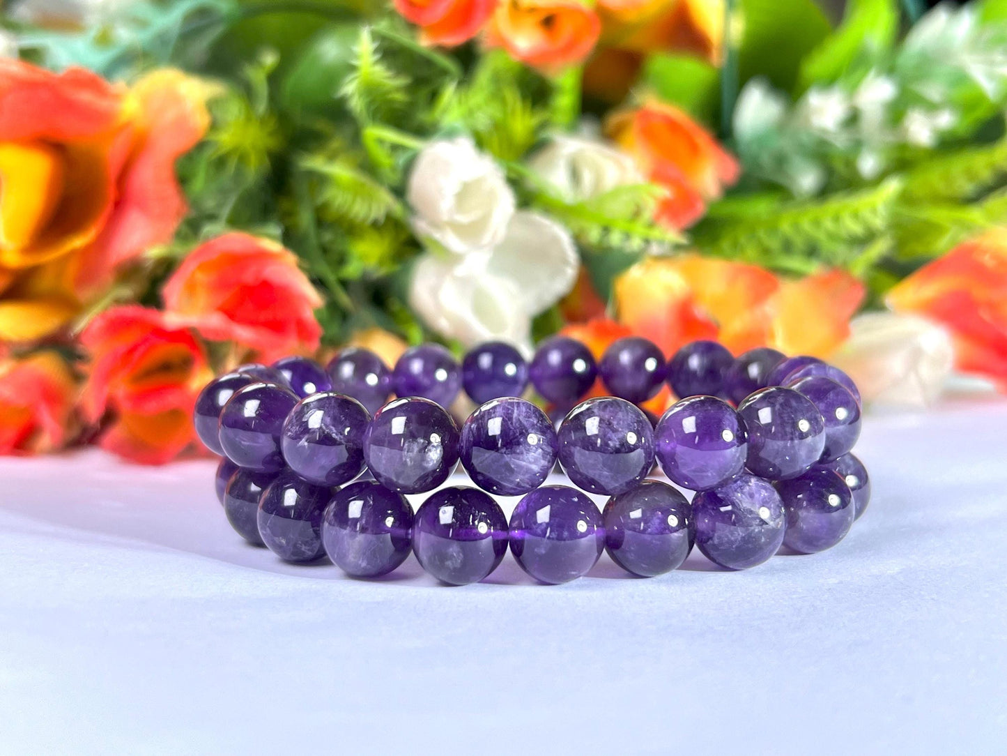 Amethyst Stone Round Beaded Bracelet 6 MM 8 MM 10 MM Stretch Bracelet