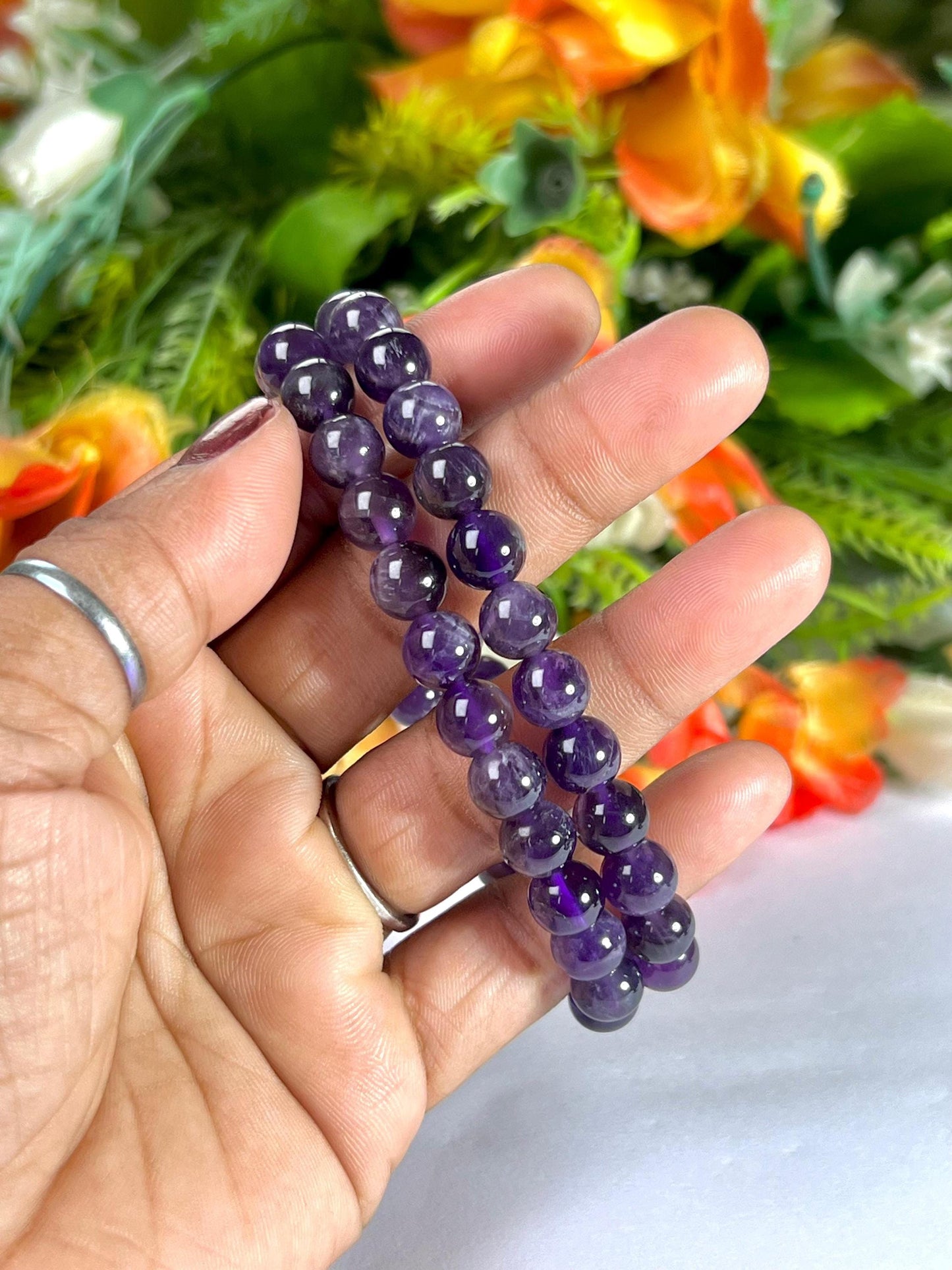 Amethyst Stone Round Beaded Bracelet 6 MM 8 MM 10 MM Stretch Bracelet
