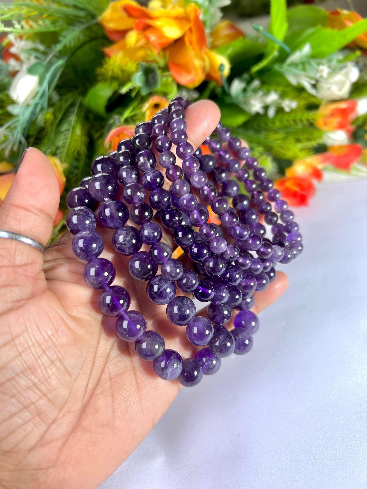 Amethyst Stone Round Beaded Bracelet 6 MM 8 MM 10 MM Stretch Bracelet