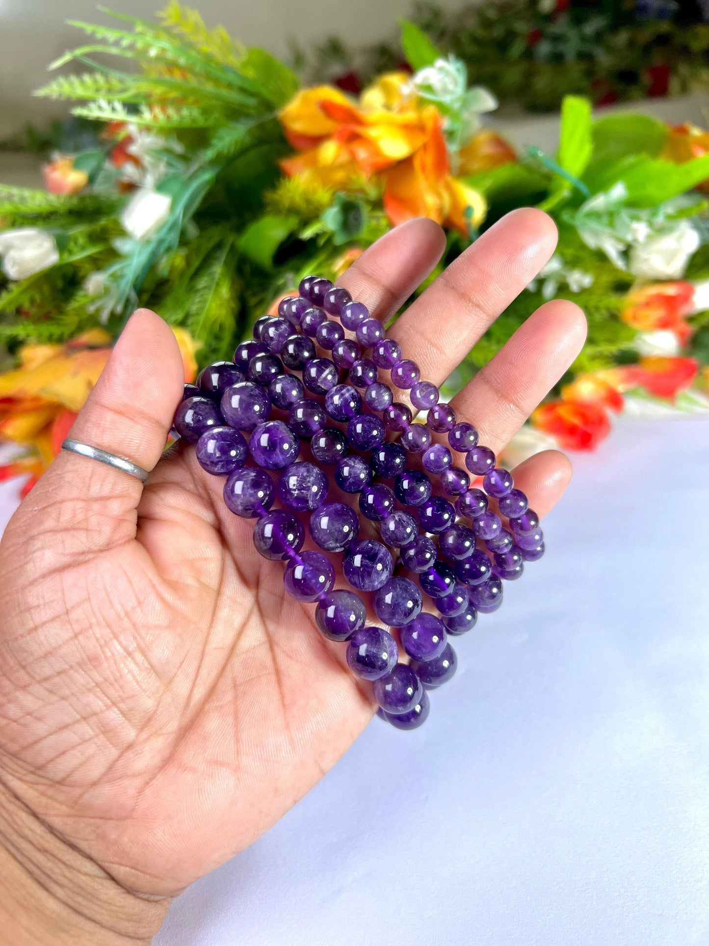 Amethyst Stone Round Beaded Bracelet 6 MM 8 MM 10 MM Stretch Bracelet