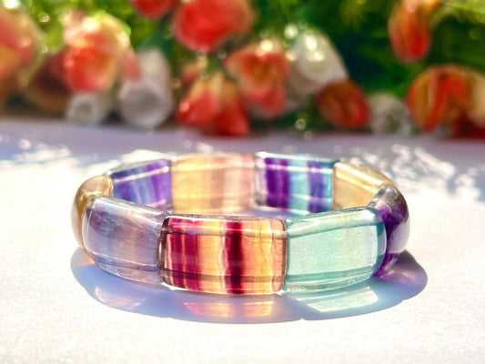 15 MM Rainbow Multi Fluorite Stone Bracelet l Stretchable Bracelet