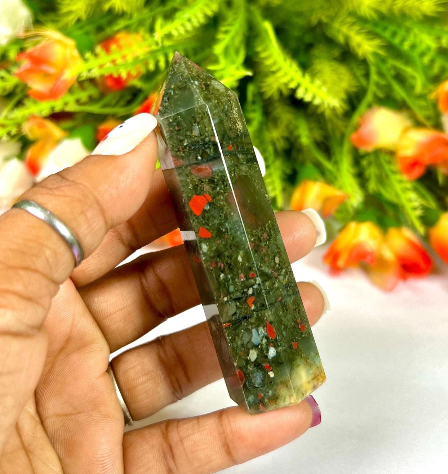 African Bloodstone Crystal Tower Pencil Point Generator-Gemstone Pencil Crystal Tower Wand Stone Obelisk -Home Car Decor Decoration 3" To 4"
