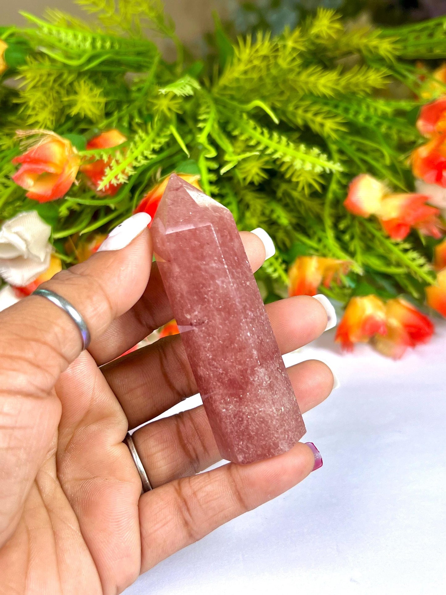 Strawberry Quartz Stone Tower Pencil Point Generator-Gemstone Pencil Crystal Tower Wand Stone Obelisk -Home Car Decor Decoration 3" To 4"