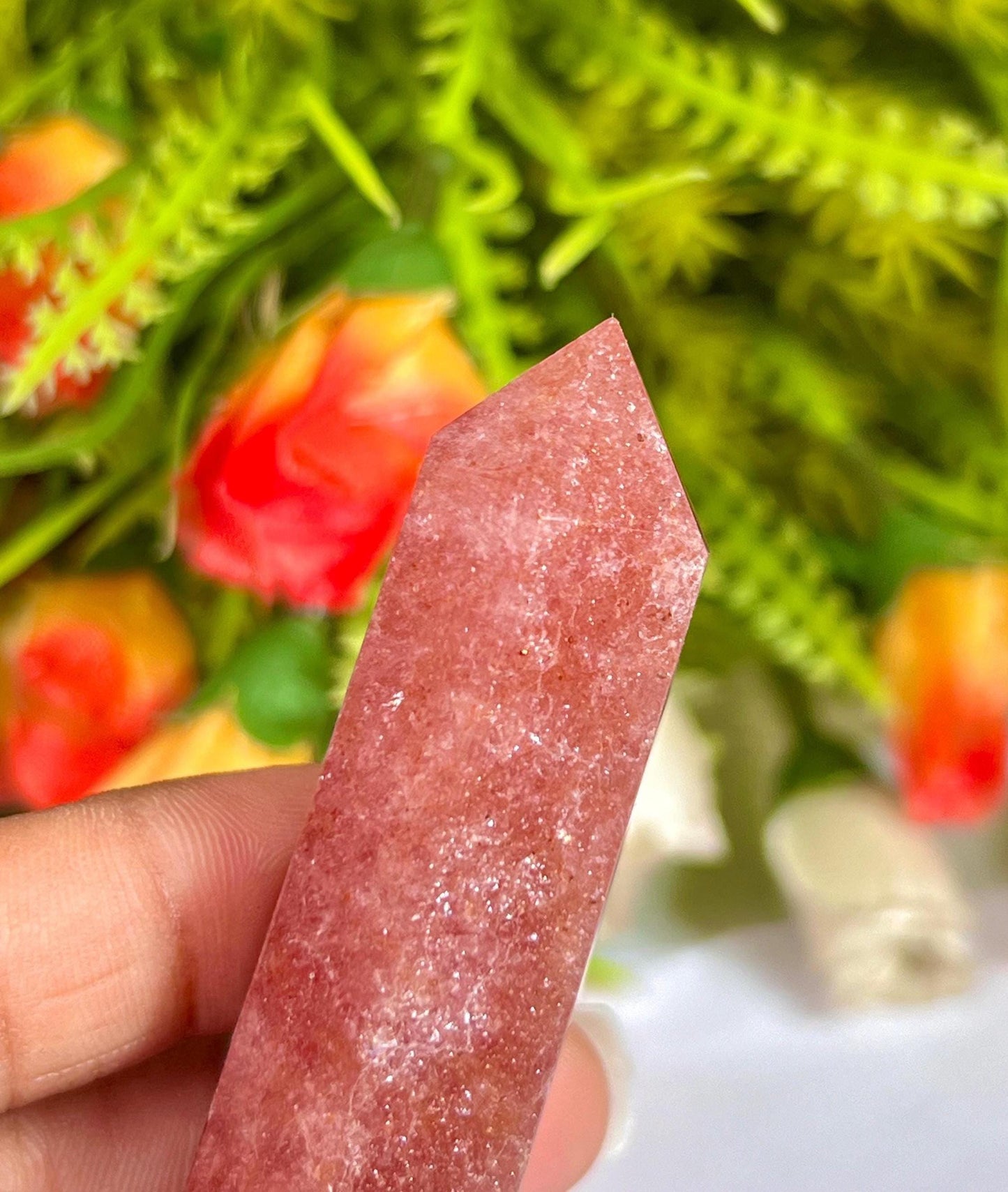 Strawberry Quartz Stone Tower Pencil Point Generator-Gemstone Pencil Crystal Tower Wand Stone Obelisk -Home Car Decor Decoration 3" To 4"