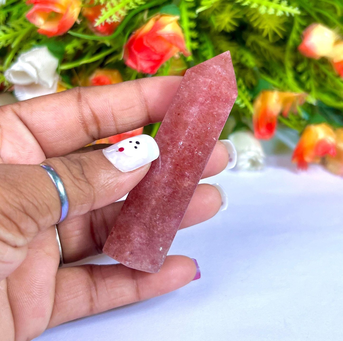 Strawberry Quartz Stone Tower Pencil Point Generator-Gemstone Pencil Crystal Tower Wand Stone Obelisk -Home Car Decor Decoration 3" To 4"